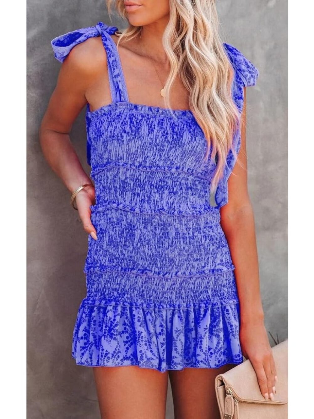 Chouyatou Smocked Floral Mini Dress With Ruffle Hem & Tie Spaguetti Straps M